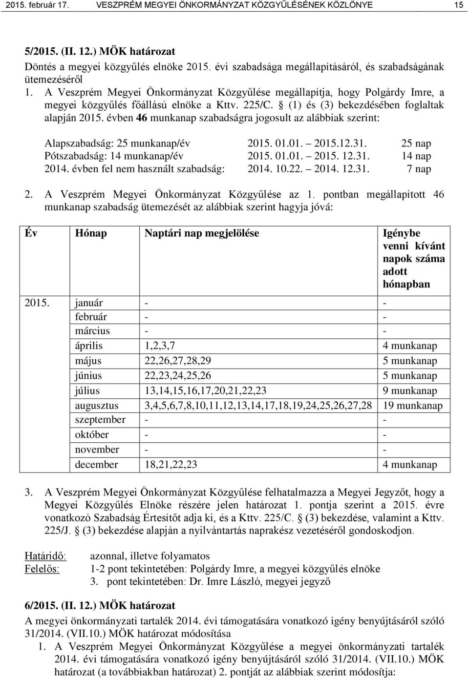 (1) és (3) bekezdésében foglaltak alapján 2015. évben 46 munkanap szabadságra jogosult az alábbiak szerint: Alapszabadság: 25 munkanap/év 2015. 01.01. 2015.12.31.