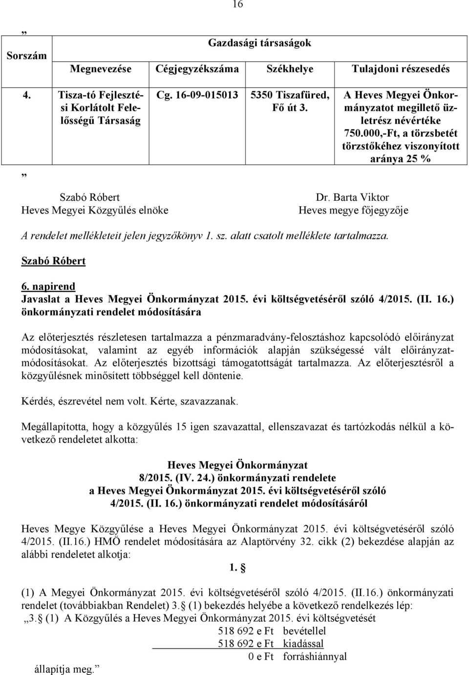 Barta Viktor Heves megye főjegyzője A rendelet mellékleteit jelen jegyzőkönyv 1. sz. alatt csatolt melléklete tartalmazza. 6. napirend Javaslat a Heves Megyei Önkormányzat 2015.