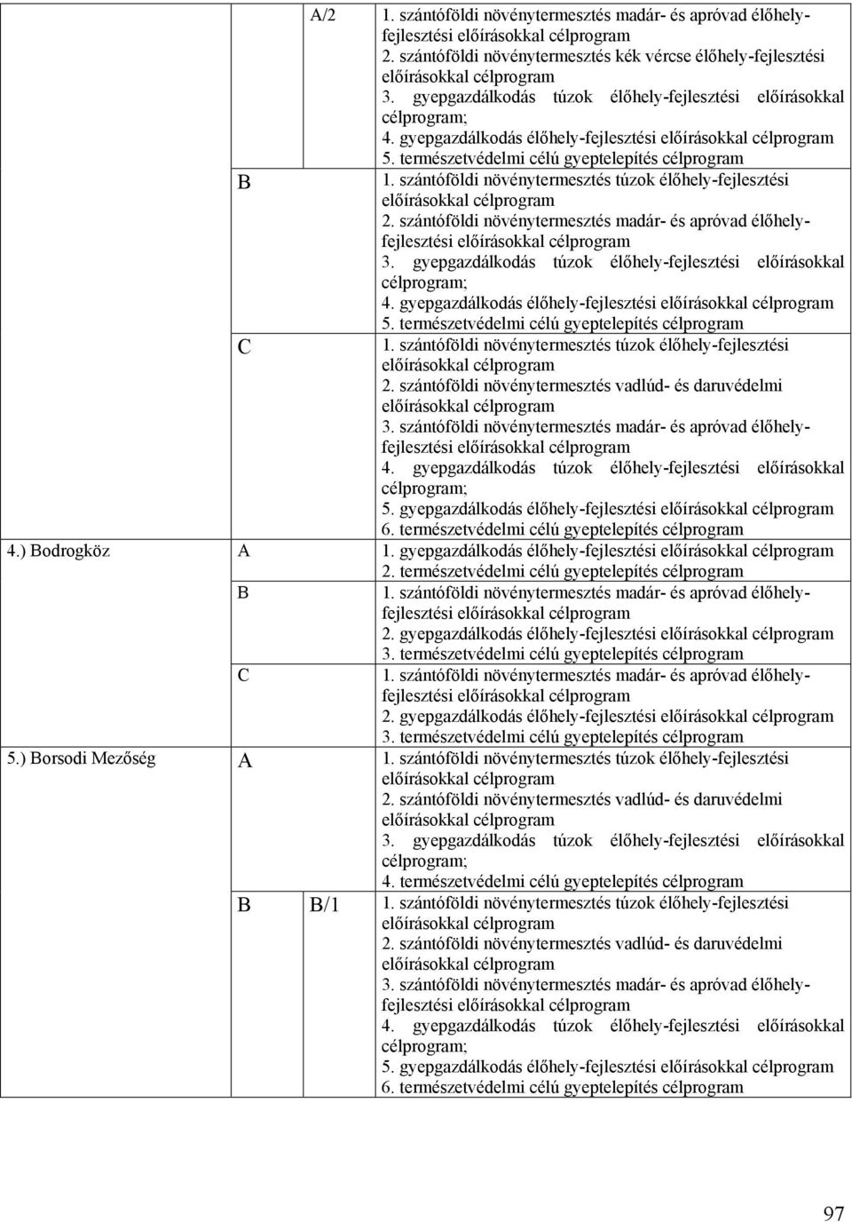 természetvédelmi célú gyeptelepítés 1. szántóföldi növénytermesztés túzok élőhely-fejlesztési előírásokkal 2. szántóföldi növénytermesztés madár- és apróvad élőhelyfejlesztési előírásokkal 3.