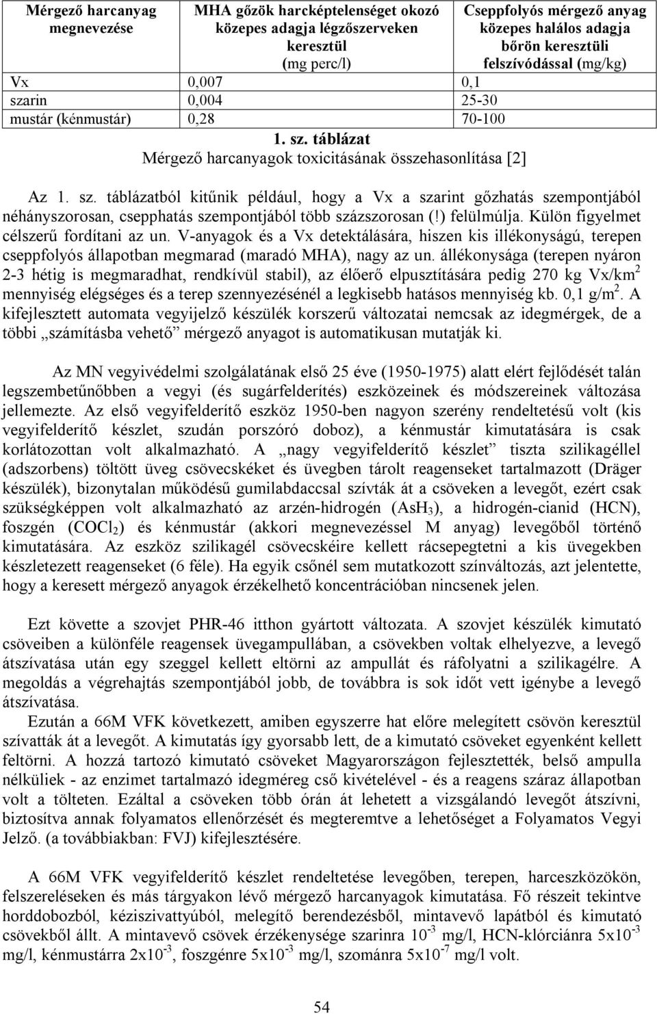 táblázat Mérgező harcanyagok toxicitásának összehasonlítása [2] Cseppfolyós mérgező anyag közepes halálos adagja bőrön keresztüli felszívódással (mg/kg) Az 1. sz.