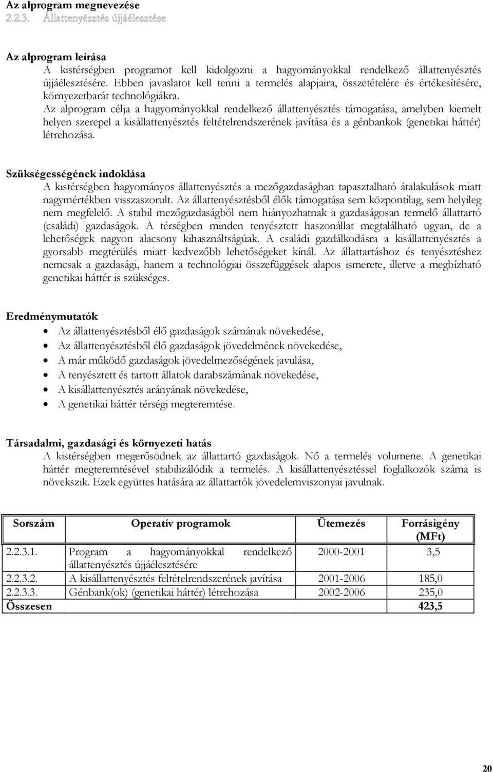 Az alprogram célja a hagyományokkal rendelkező állattenyésztés támogatása, amelyben kiemelt helyen szerepel a kisállattenyésztés feltételrendszerének javítása és a génbankok (genetikai háttér)