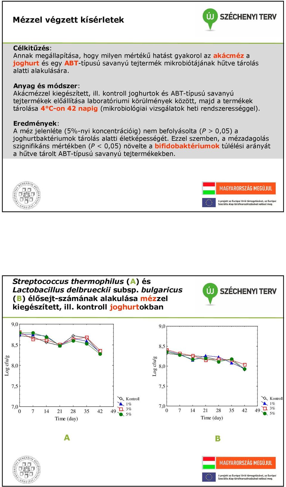 kontroll joghurtok és ABT-típusú savanyú tejtermékek előállítása laboratóriumi körülmények között, majd a termékek tárolása C-on 2 napig (mikrobiológiai vizsgálatok heti rendszerességgel).