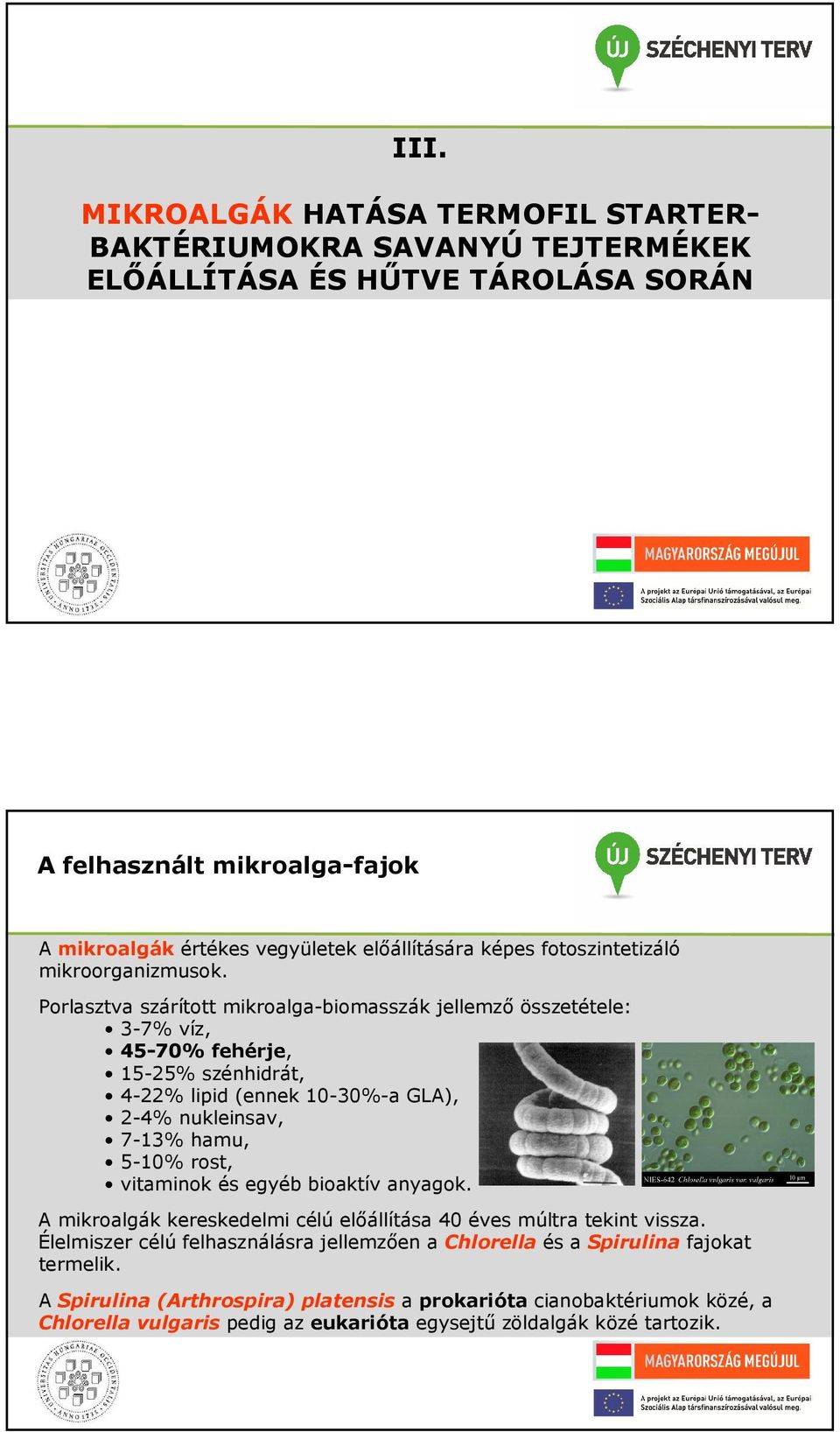 Porlasztva szárított mikroalga-biomasszák jellemző összetétele: 3-7% víz, -70% fehérje, 1-2% szénhidrát, -22% lipid (ennek 10-30%-a GLA), 2-% nukleinsav, 7-13% hamu, -10% rost, vitaminok