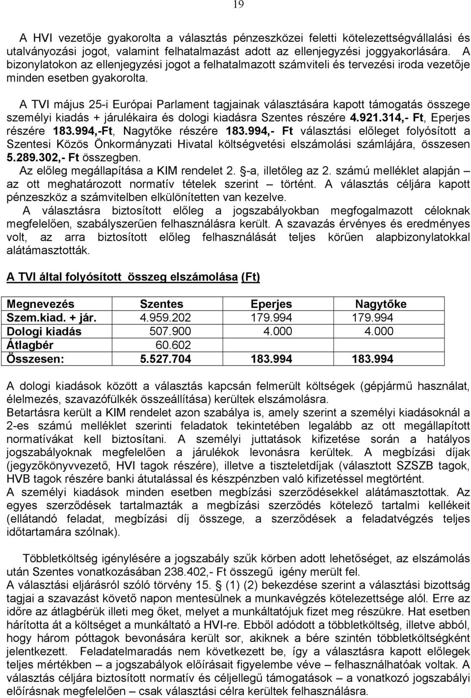 TVI május 25-i Európai Parlament tagjainak választására kapott támogatás összege személyi kiadás + járulékaira és dologi kiadásra Szentes részére 4.921.314,- Ft, Eperjes részére 183.