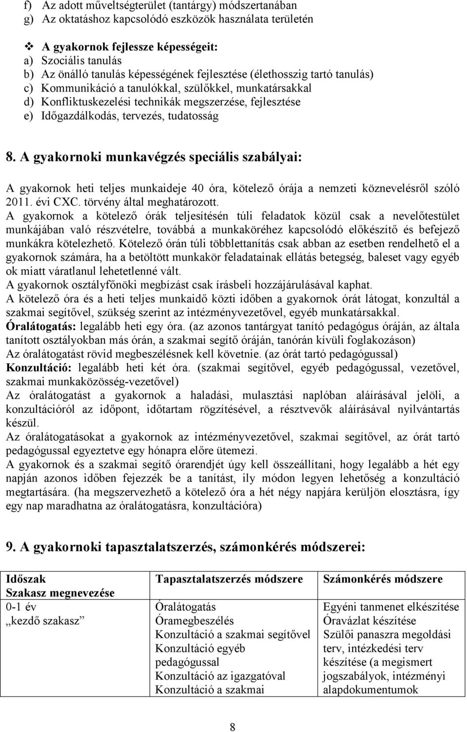 tudatosság 8. A gyakornoki munkavégzés speciális szabályai: A gyakornok heti teljes munkaideje 40 óra, kötelezı órája a nemzeti köznevelésrıl szóló 2011. évi CXC. törvény által meghatározott.