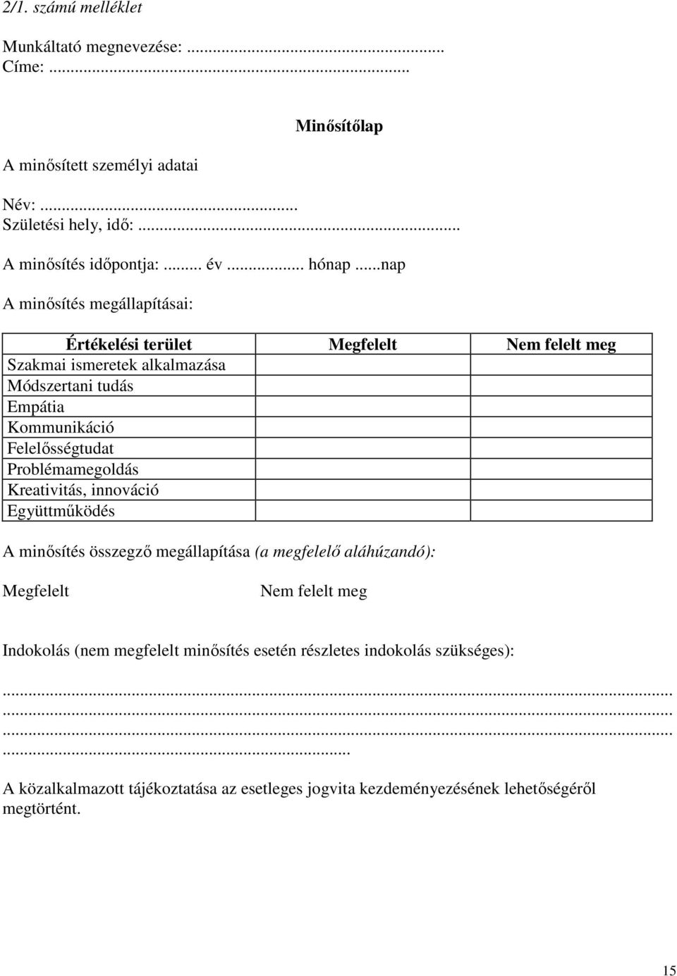 ..nap A minısítés megállapításai: Értékelési terület Megfelelt Nem felelt meg Szakmai ismeretek alkalmazása Módszertani tudás Empátia Kommunikáció