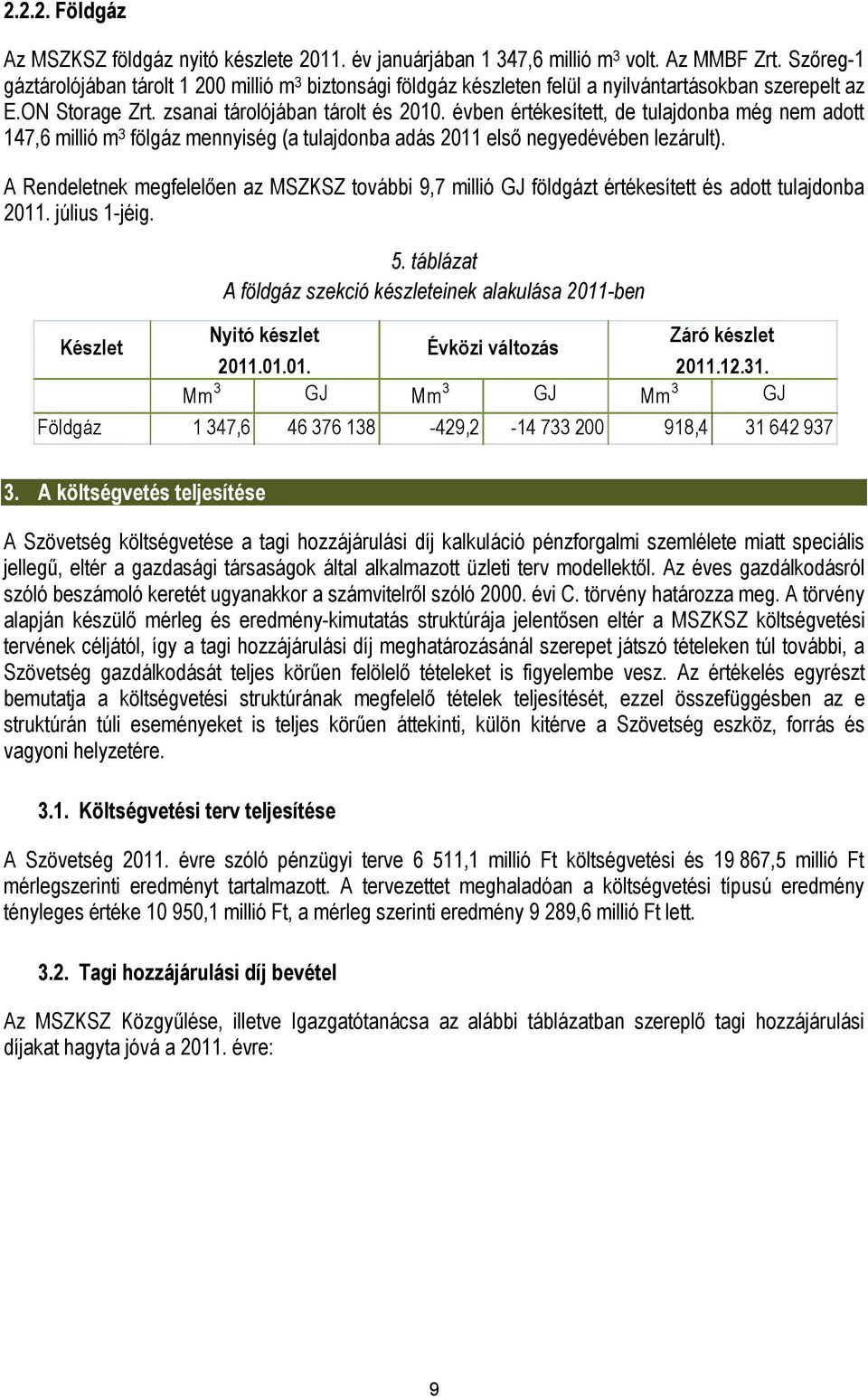 évben értékesített, de tulajdonba még nem adott 147,6 millió m 3 fölgáz mennyiség (a tulajdonba adás 2011 első negyedévében lezárult).