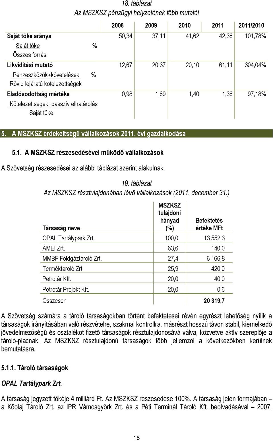 A MSZKSZ érdekeltségű vállalkozások 2011. évi gazdálkodása 5.1. A MSZKSZ részesedésével működő vállalkozások A Szövetség részesedései az alábbi táblázat szerint alakulnak. 19.