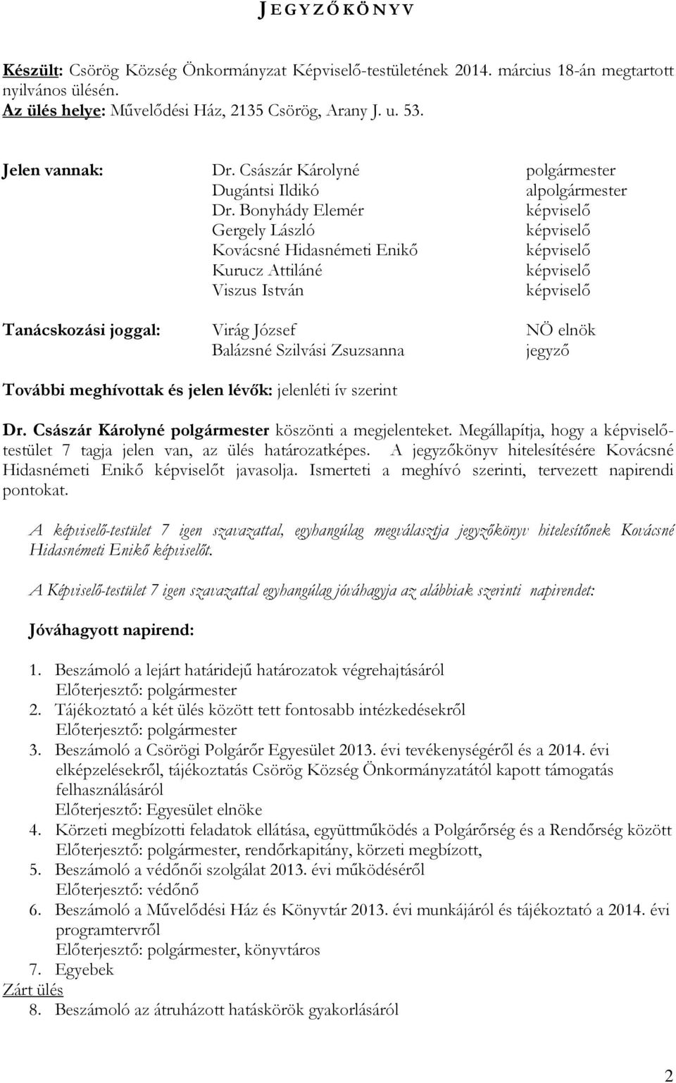 Bonyhády Elemér Gergely László Kovácsné Hidasnémeti Enikı Kurucz Attiláné Viszus István Tanácskozási joggal: Virág József NÖ elnök Balázsné Szilvási Zsuzsanna jegyzı További meghívottak és jelen