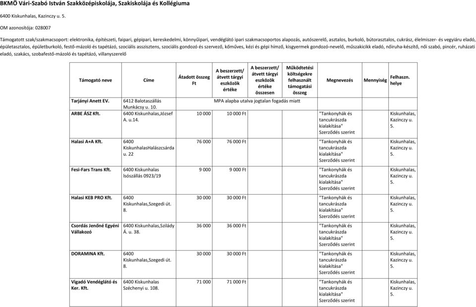 asszisztens, szociális gondozó és szervező, kőműves, kézi és gépi hímző, kisgyermek gondozó-nevelő, műszakicikk eladó, nőiruha-készítő, női szabó, pincér, ruházati eladó, szakács, szobafestő-mázoló