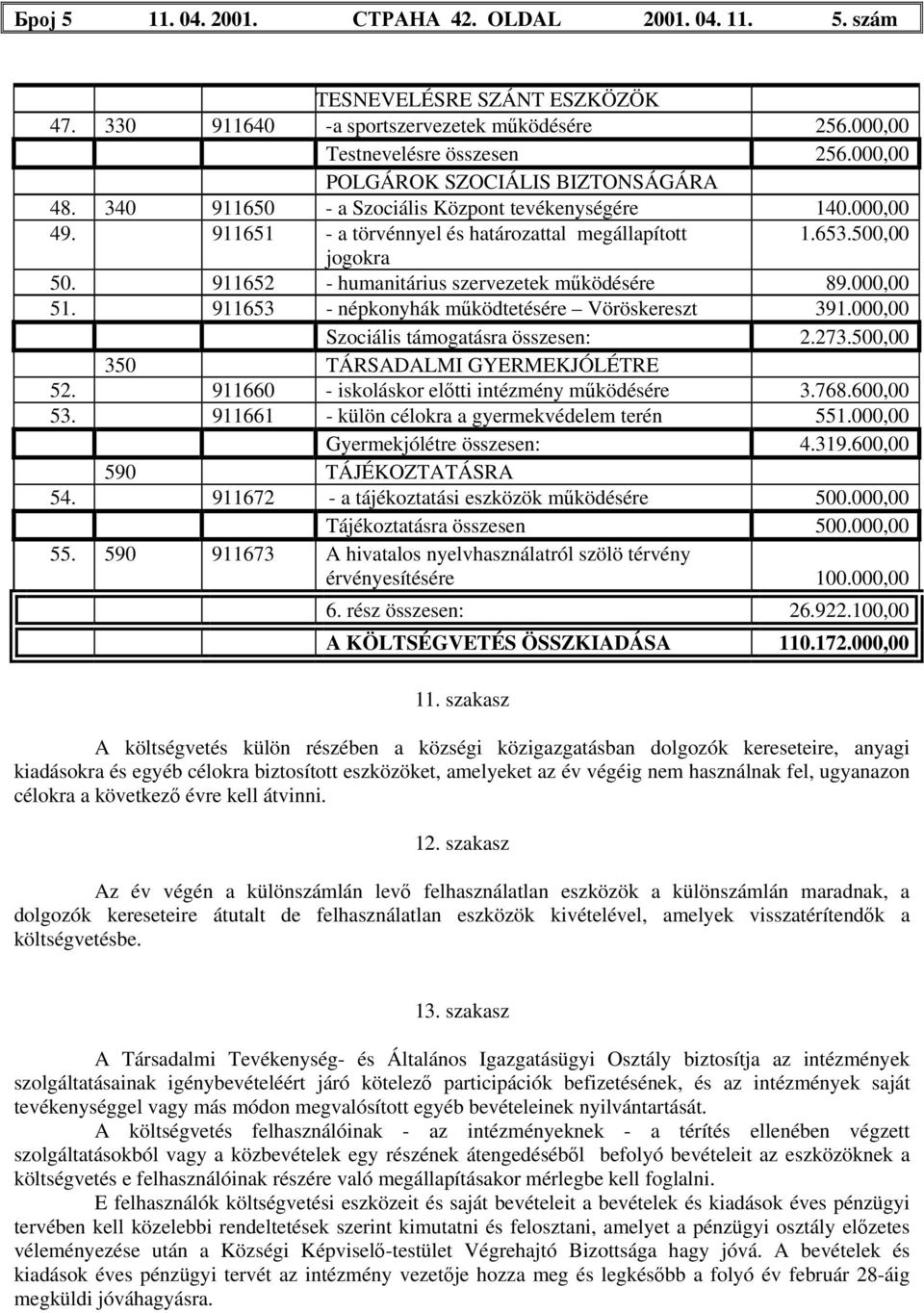 911652 - humanitárius szervezetek működésére 89.000,00 51. 911653 - népkonyhák működtetésére Vöröskereszt 391.000,00 Szociális támogatásra összesen: 2.273.500,00 350 TÁRSADALMI GYERMEKJÓLÉTRE 52.