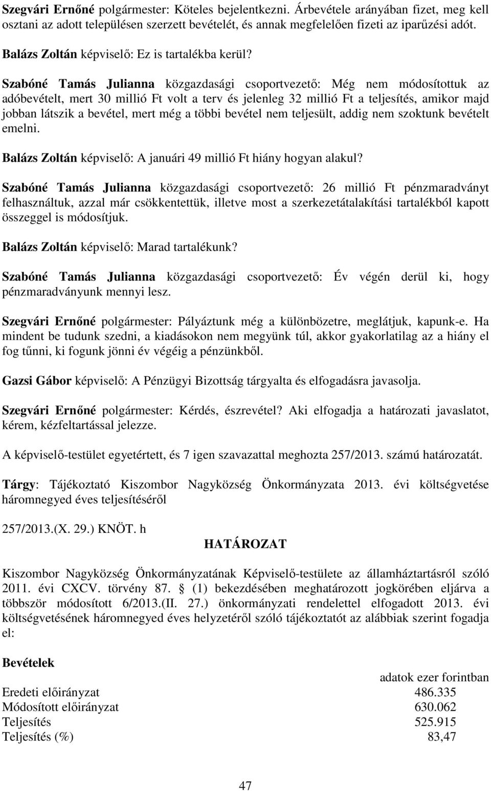 Szabóné Tamás Julianna közgazdasági csoportvezető: Még nem módosítottuk az adóbevételt, mert 30 millió Ft volt a terv és jelenleg 32 millió Ft a teljesítés, amikor majd jobban látszik a bevétel, mert