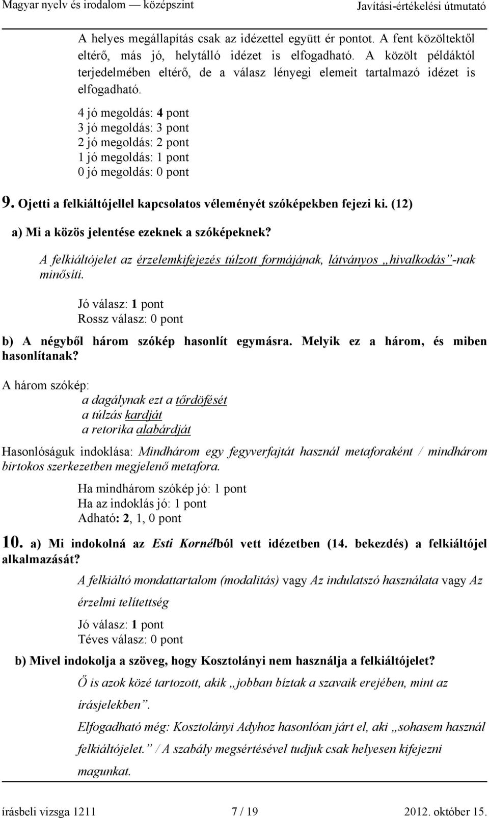 4 jó megoldás: 4 pont 3 jó megoldás: 3 pont 2 jó megoldás: 2 pont 1 jó megoldás: 1 pont 0 jó megoldás: 0 pont 9. Ojetti a felkiáltójellel kapcsolatos véleményét szóképekben fejezi ki.