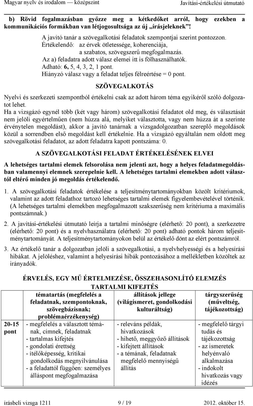 Az a) feladatra adott válasz elemei itt is fölhasználhatók. Adható: 6, 5, 4, 3, 2, 1 pont. Hiányzó válasz vagy a feladat teljes félreértése = 0 pont.