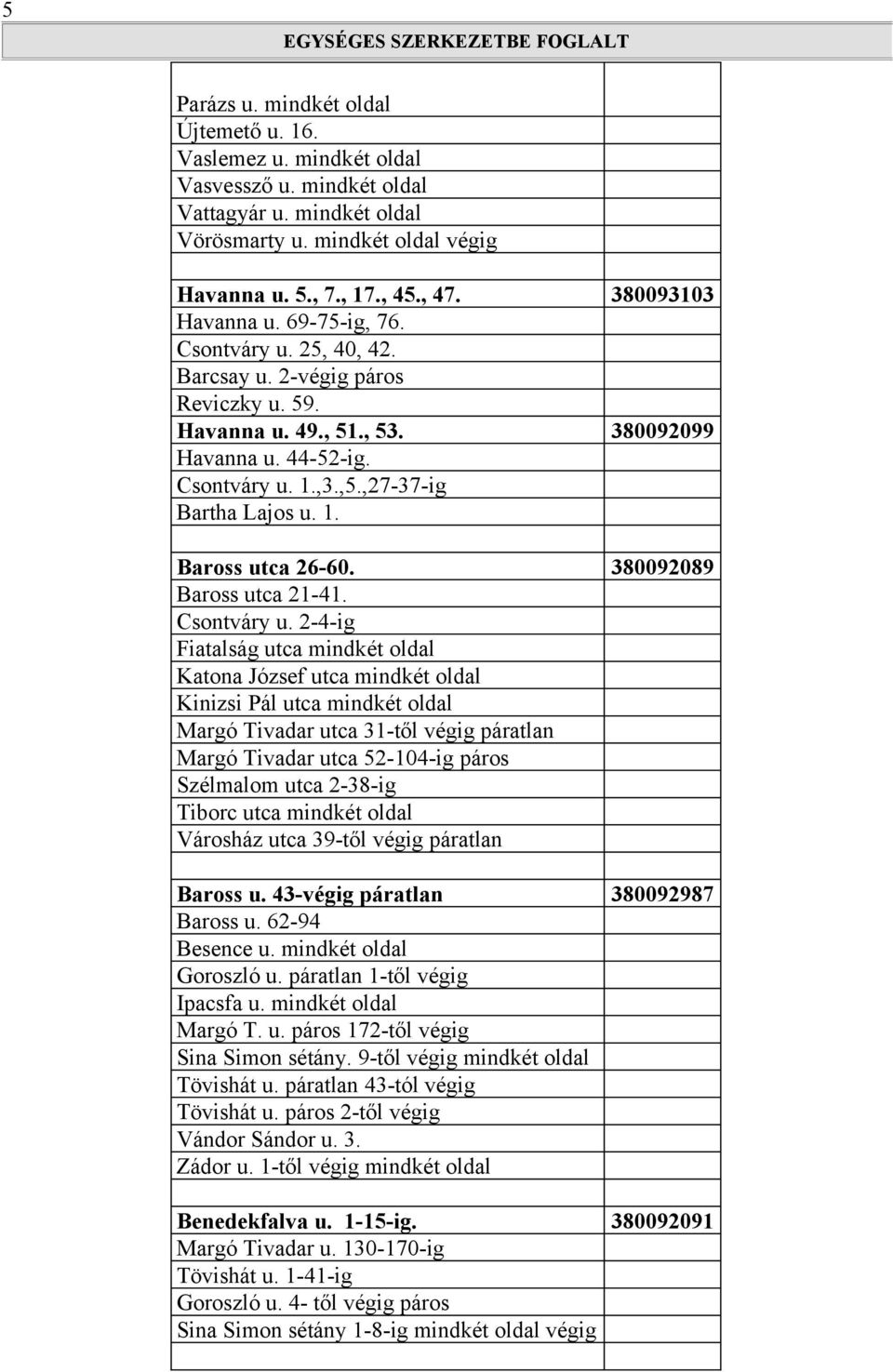 ,27-37-ig Bartha Lajos u. 1. Baross utca 26-60. 380092089 Baross utca 21-41. Csontváry u.