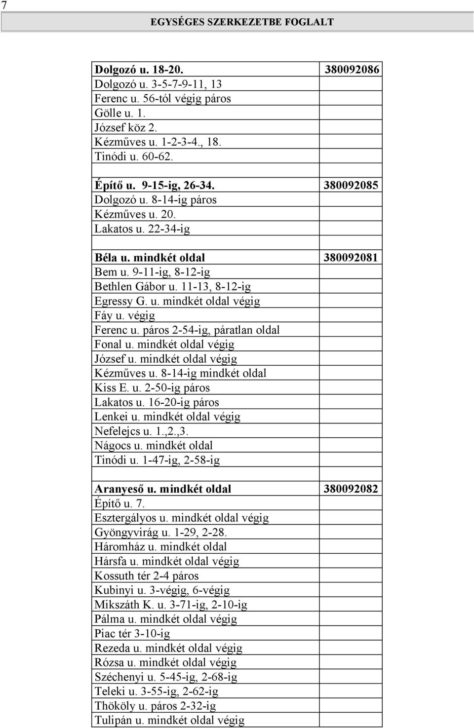 páros 2-54-ig, páratlan oldal Fonal u. mindkét oldal végig József u. mindkét oldal végig Kézműves u. 8-14-ig mindkét oldal Kiss E. u. 2-50-ig páros Lakatos u. 16-20-ig páros Lenkei u.