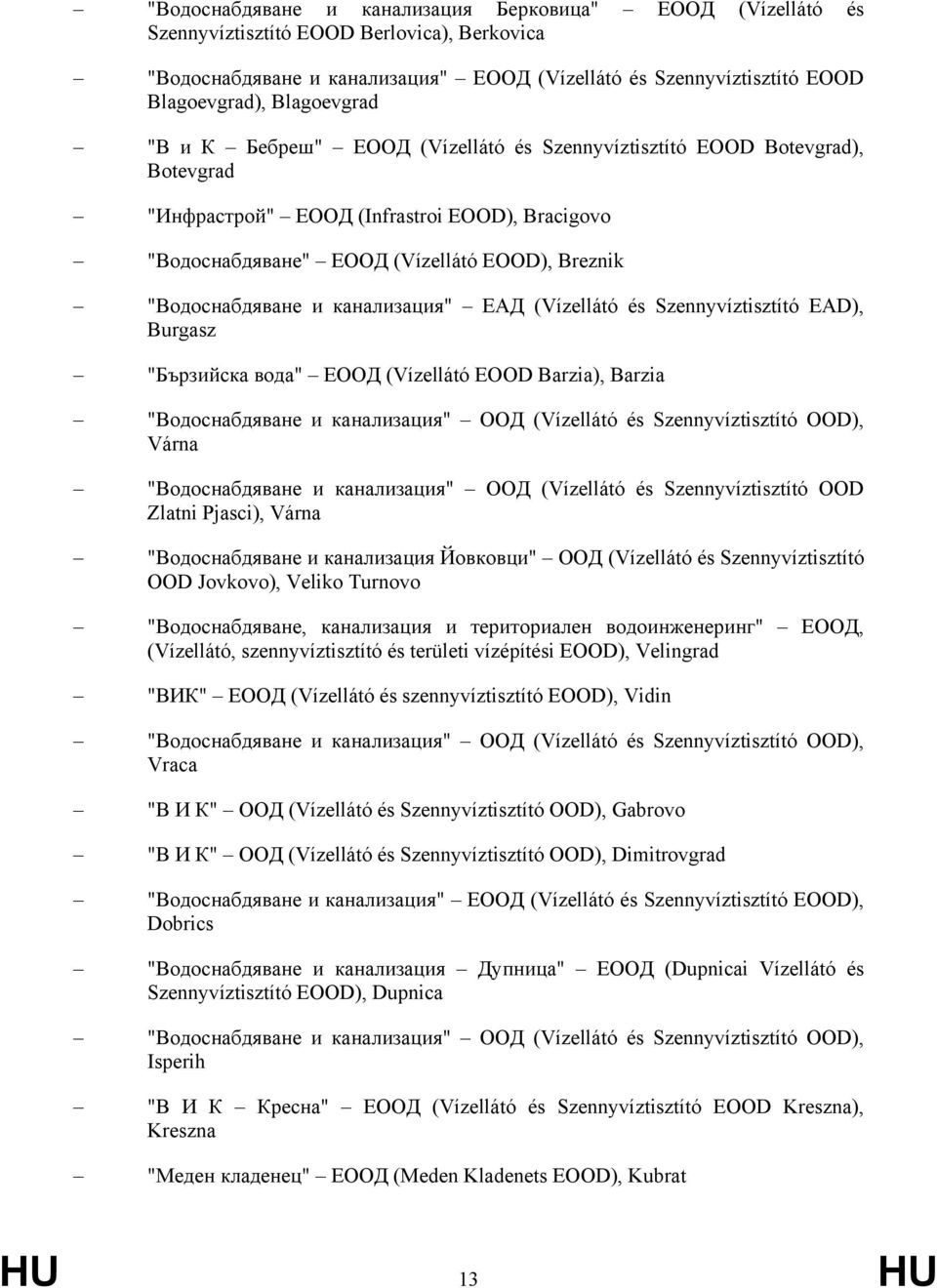 "Водоснабдяване и канализация" ЕАД (Vízellátó és Szennyvíztisztító EAD), Burgasz "Бързийска вода" ЕООД (Vízellátó EOOD Barzia), Barzia "Водоснабдяване и канализация" ООД (Vízellátó és