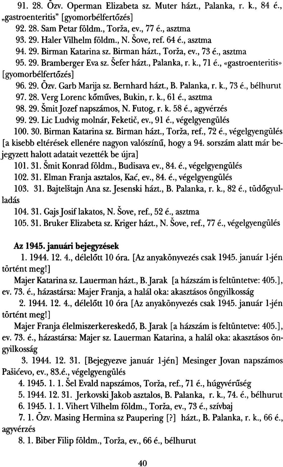 29. Özv. Garb Marija sz. Bemhard házt., B. Palanka, r. k., 73 é., bélhurut 97. 28. Verg Lorenc kőműves, Bukin, r. k., 61 é., asztma 98. 29. ŠmitJozef napszámos, N. Futog, r. k. 58 é., agyvérzés 99.