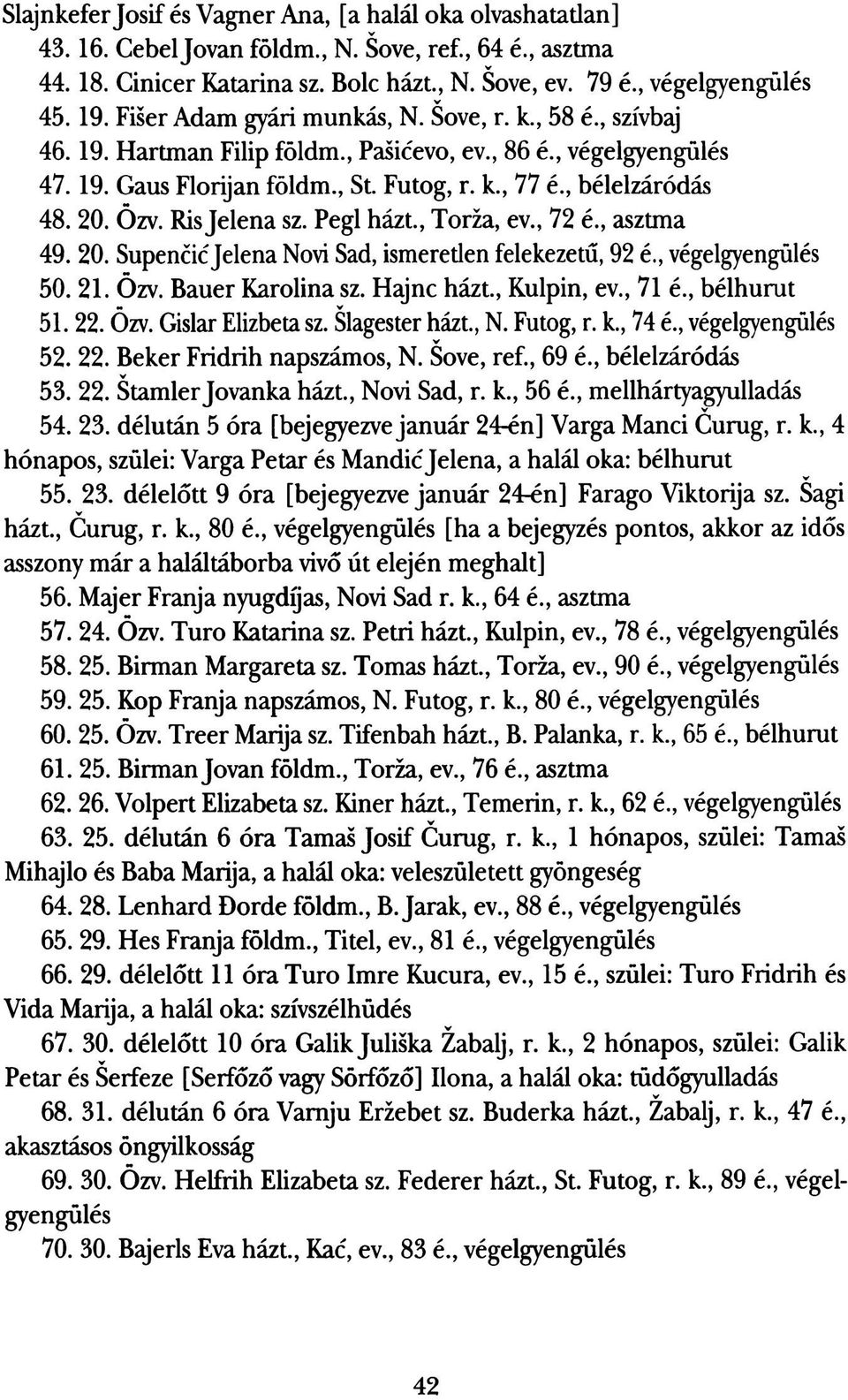 Özv. Ris Jelena sz. Pegl házt., Torža, ev., 72 é., asztma 49. 20. SupenčićJelena Növi Sad, ismereden felekezetű, 92 é., végelgyengülés 50. 21. Özv. Bauer Karolina sz. Hajnc házt., Kulpin, ev., 71 é.