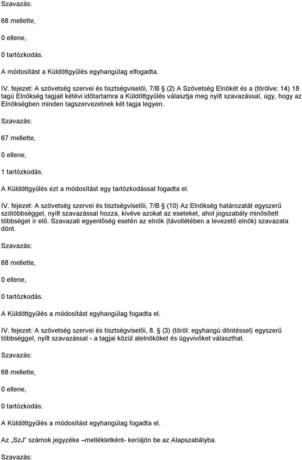 az Elnökségben minden tagszervezetnek két tagja legyen. 67 mellette, 1 tartózkodás. A Küldöttgyűlés ezt a módosítást egy tartózkodással fogadta el. IV.