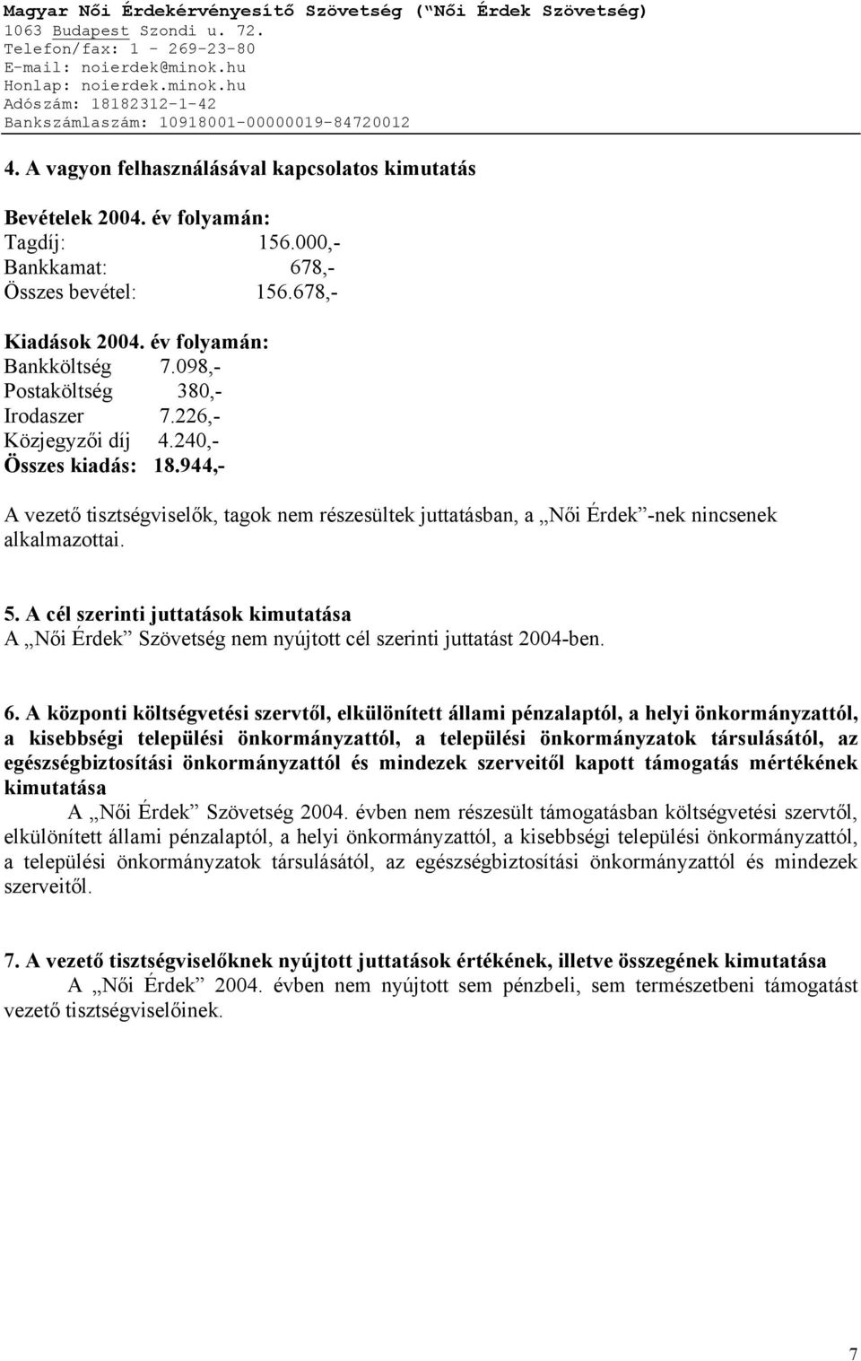 A cél szerinti juttatások kimutatása A Női Érdek Szövetség nem nyújtott cél szerinti juttatást 2004-ben. 6.