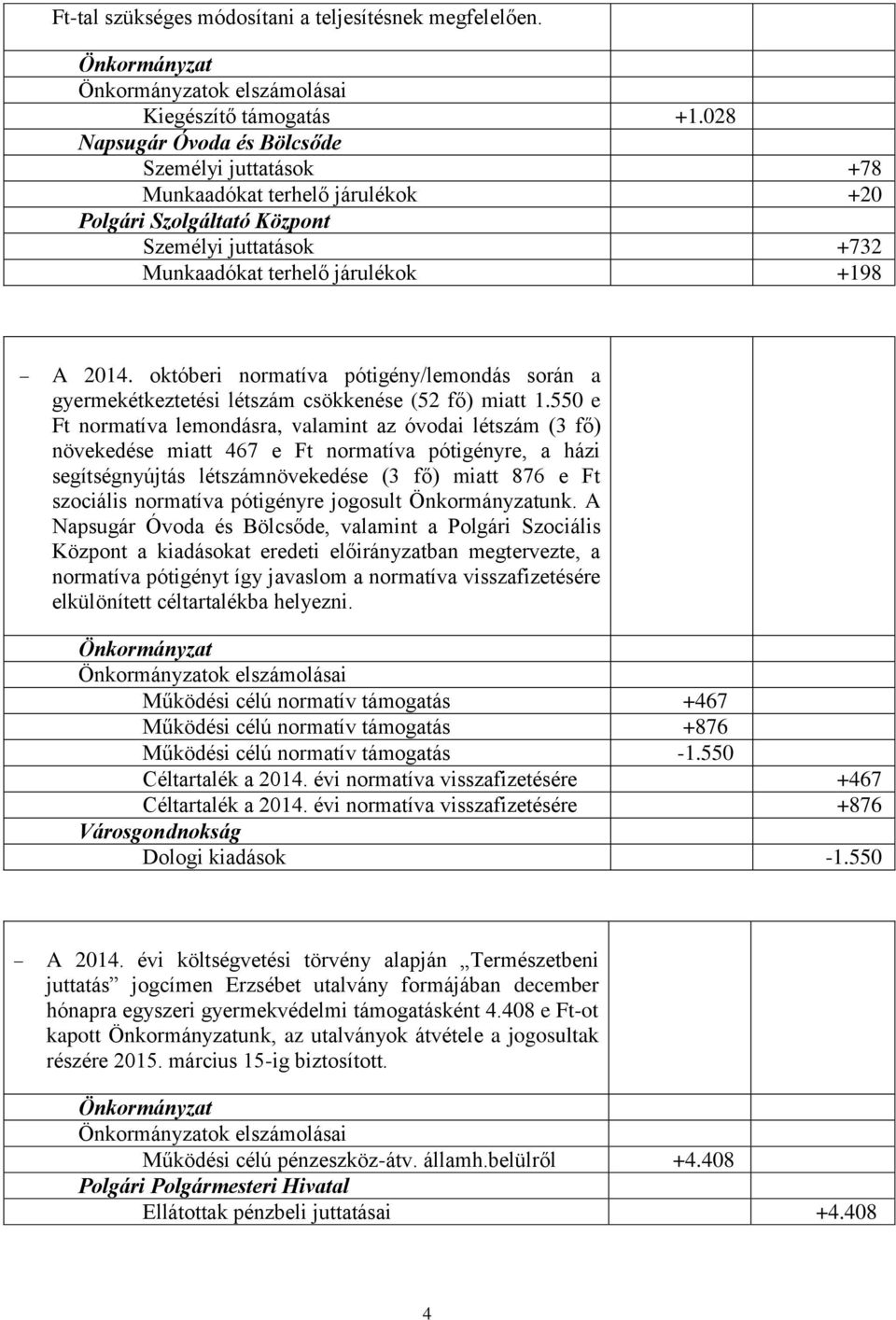 októberi normatíva pótigény/lemondás során a gyermekétkeztetési létszám csökkenése (52 fő) miatt 1.