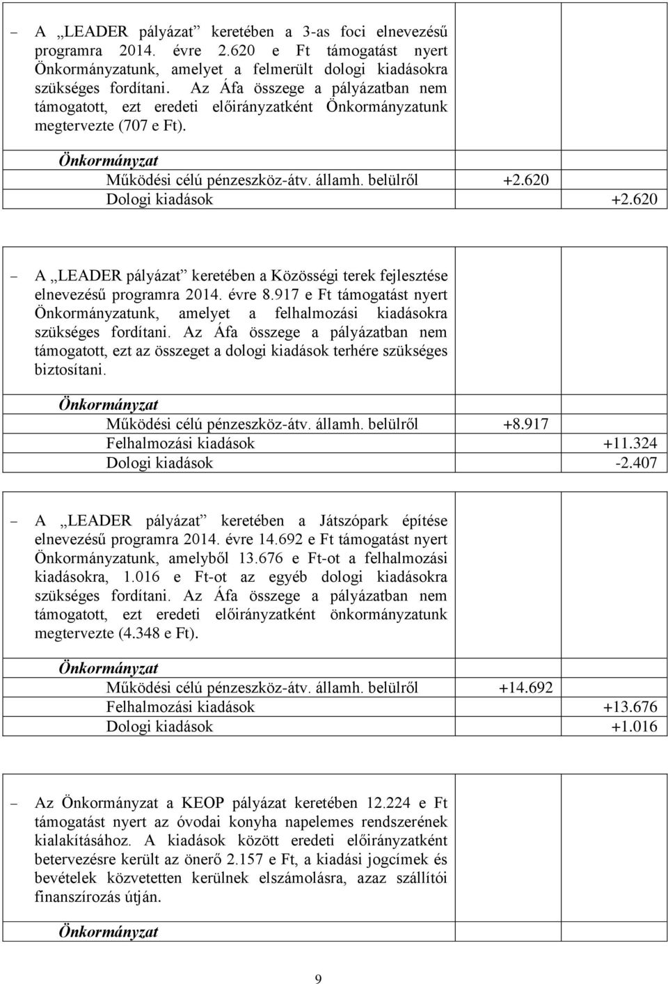 620 A LEADER pályázat keretében a Közösségi terek fejlesztése elnevezésű programra 2014. évre 8.917 e Ft támogatást nyert unk, amelyet a felhalmozási kiadásokra szükséges fordítani.