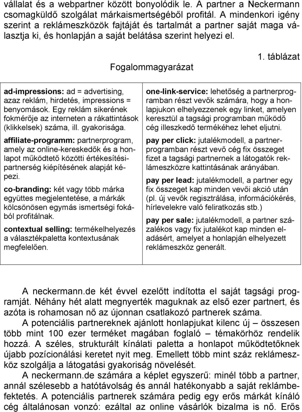 táblázat ad-impressions: ad = advertising, azaz reklám, hirdetés, impressions = benyomások. Egy reklám sikerének fokmérője az interneten a rákattintások (klikkelsek) száma, ill. gyakorisága.