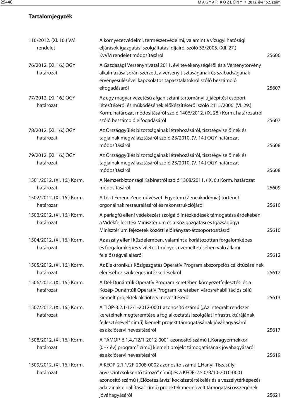 (XI. 16.) Korm. határozat 1507/2012. (XI. 16.) Korm. határozat 1508/2012. (XI. 16.) Korm. határozat 1509/2012. (XI. 16.) Korm. határozat A környezetvédelmi, természetvédelmi, valamint a vízügyi hatósági eljárások igazgatási szolgáltatási díjairól szóló 33/2005.