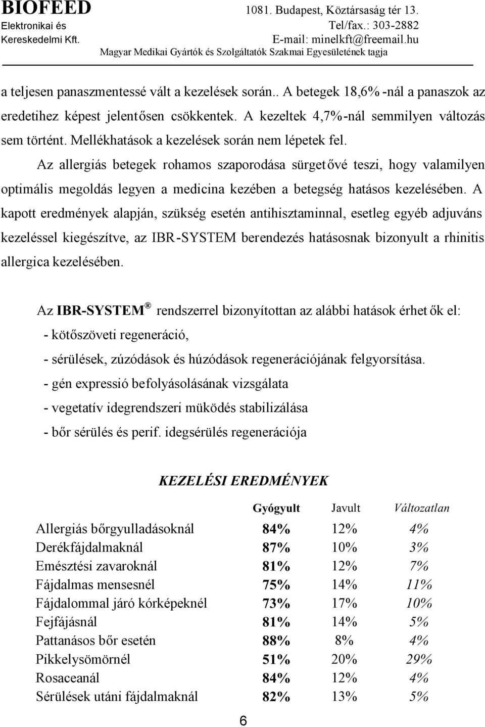 A kapott eredmények alapján, szükség esetén antihisztaminnal, esetleg egyéb adjuváns kezeléssel kiegészítve, az IBR-SYSTEM berendezés hatásosnak bizonyult a rhinitis allergica kezelésében.