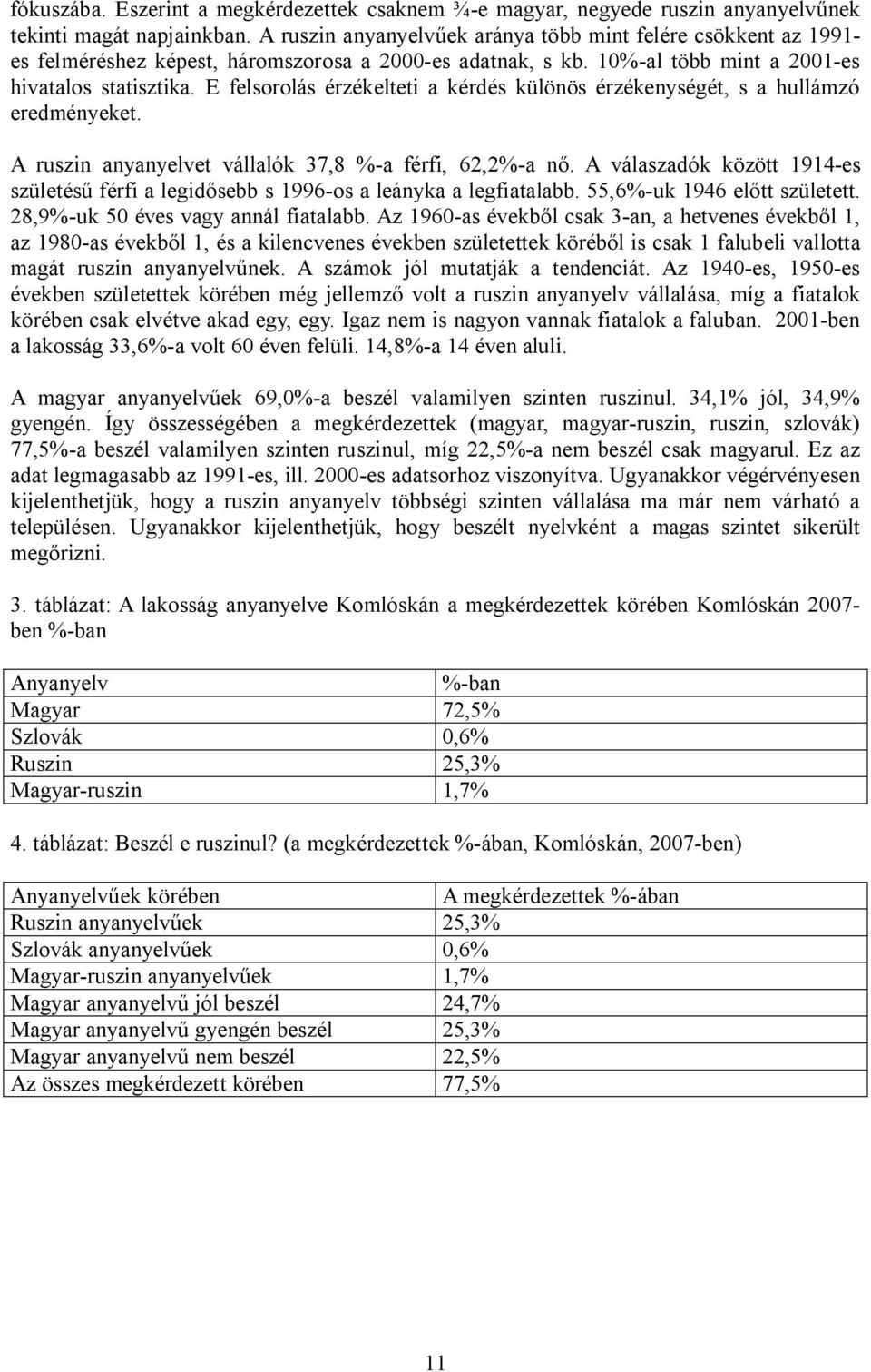 E felsorolás érzékelteti a kérdés különös érzékenységét, s a hullámzó eredményeket. A ruszin anyanyelvet vállalók 37,8 %-a férfi, 62,2%-a nő.