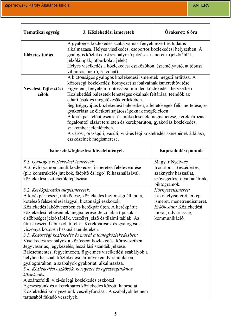 (személyautó, autóbusz, villamos, metró, és vonat) A biztonságos gyalogos közlekedési ismeretek megszilárdítása. A közösségi közlekedési környezet szabályainak ismeretbővítése.