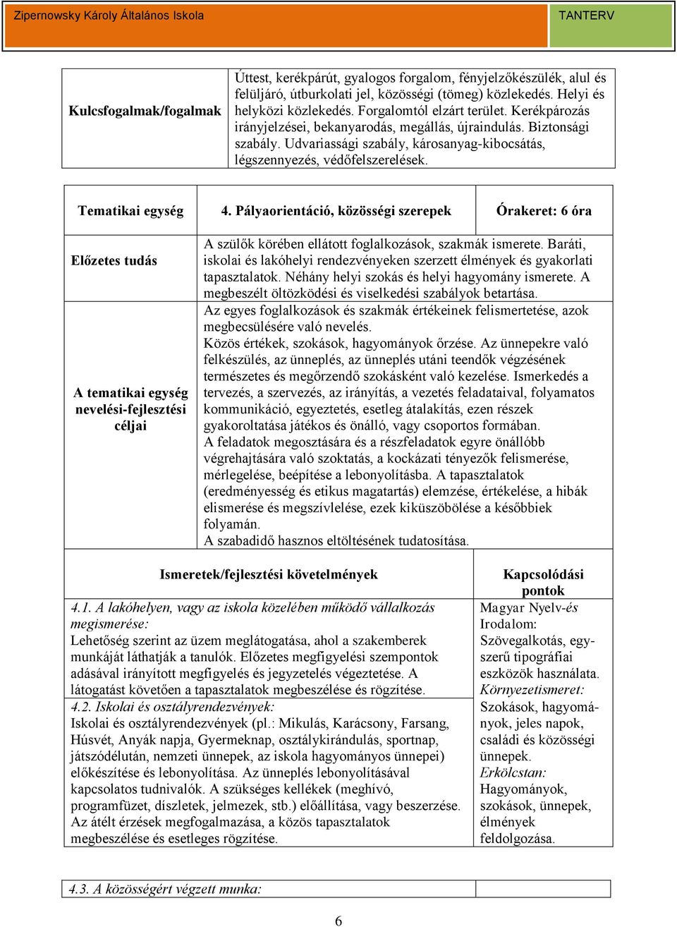 Tematikai egység 4. Pályaorientáció, közösségi szerepek Órakeret: 6 óra A tematikai egység nevelési-fejlesztési céljai A szülők körében ellátott foglalkozások, szakmák ismerete.