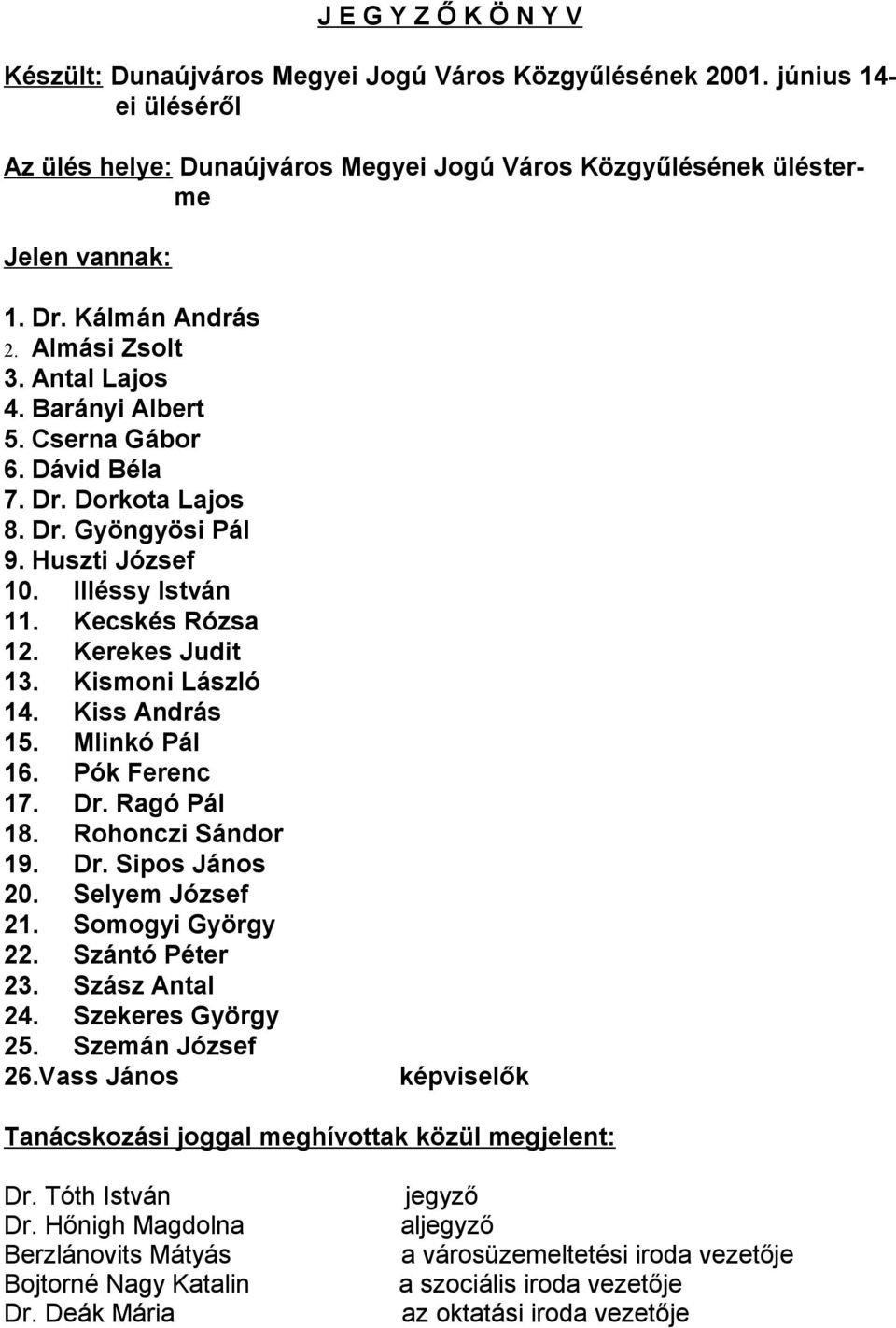 Kerekes Judit 13. Kismoni László 14. Kiss András 15. Mlinkó Pál 16. Pók Ferenc 17. Dr. Ragó Pál 18. Rohonczi Sándor 19. Dr. Sipos János 20. Selyem József 21. Somogyi György 22. Szántó Péter 23.