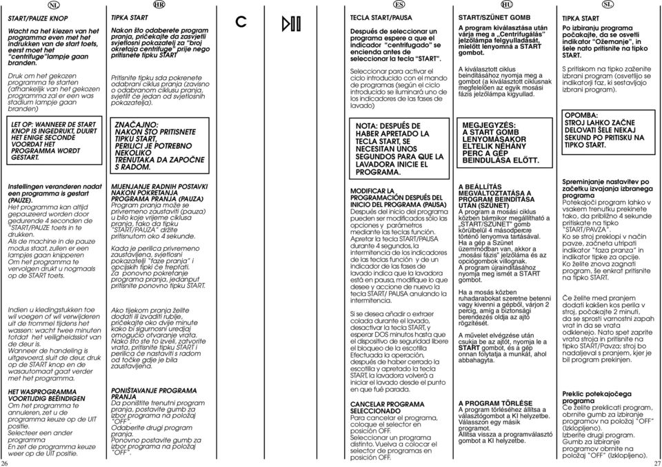 HET PROGRAMMA WORDT GTART. Instellingen veranderen nadat een programma is gestart (PAUZE). Het programma kan altijd gepauzeerd worden door gedurende 4 seconden de START/PAUZE toets in te drukken.