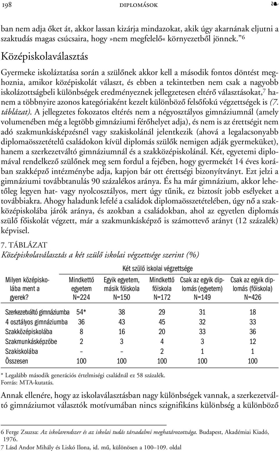 különbségek eredményeznek jellegzetesen eltérõ választásokat, 7 hanem a többnyire azonos kategóriaként kezelt különbözõ felsõfokú végzettségek is (7. táblázat).