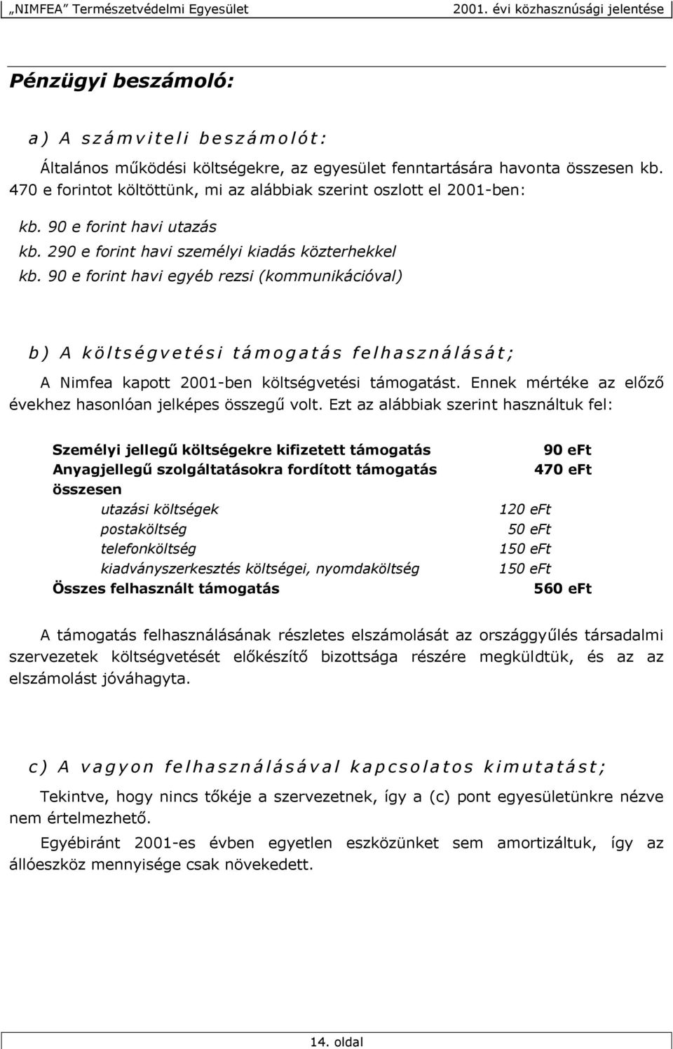 90 e forint havi egyéb rezsi (kommunikációval) b) A költségvetési támogatás felhasználását; A Nimfea kapott 2001-ben költségvetési támogatást.
