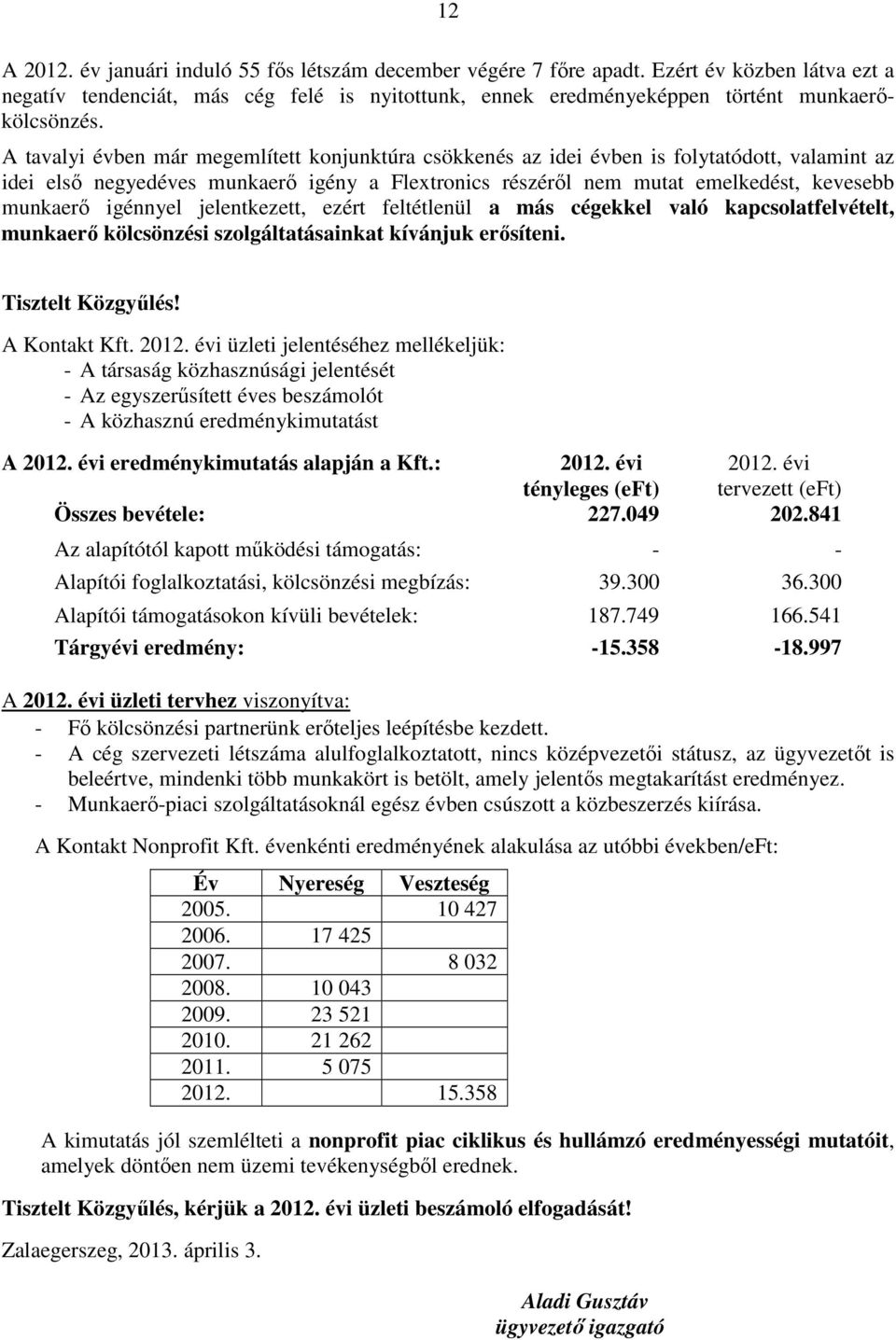 igénnyel jelentkezett, ezért feltétlenül a más cégekkel való kapcsolatfelvételt, munkaerő kölcsönzési szolgáltatásainkat kívánjuk erősíteni. Tisztelt Közgyűlés! A Kontakt Kft. 2012.