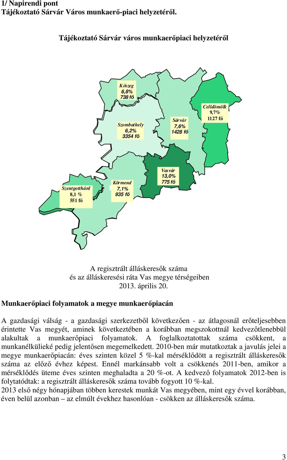 5,4% 7,1% 935 fő Vasvár 13,0% 7,5% 775 fő A regisztrált álláskeresők száma és az álláskeresési ráta Vas megye térségeiben 2013. április 20.