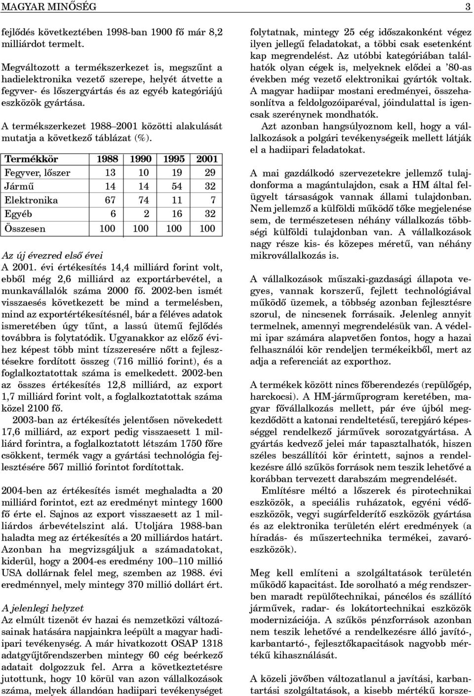 A termékszerkezet 1988 2001 közötti alakulását mutatja a következõ táblázat (%).