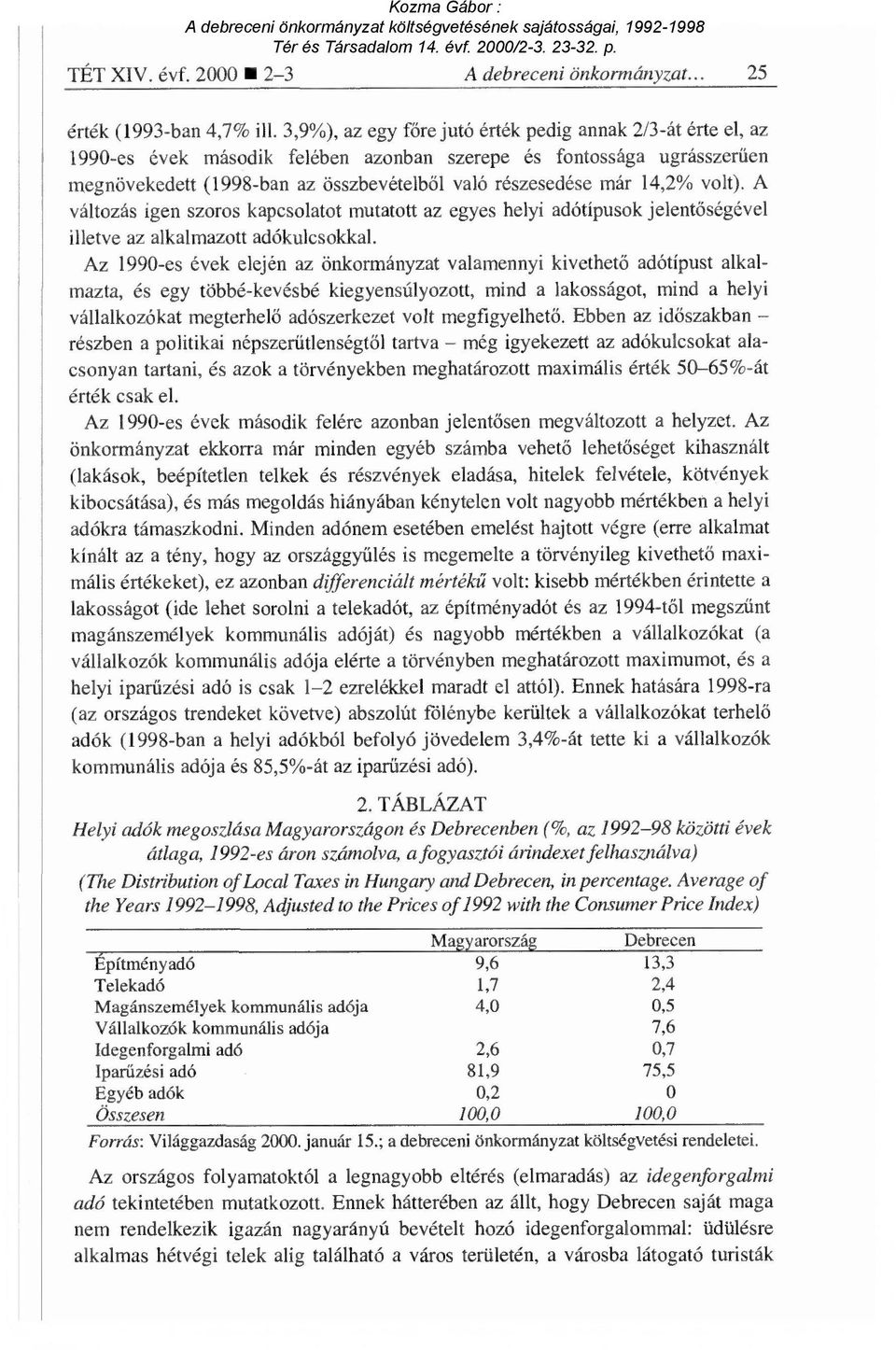 14,2% volt). A változás igen szoros kapcsolatot mutatott az egyes helyi adótípusok jelent őségével illetve az alkalmazott adókulcsokkal.