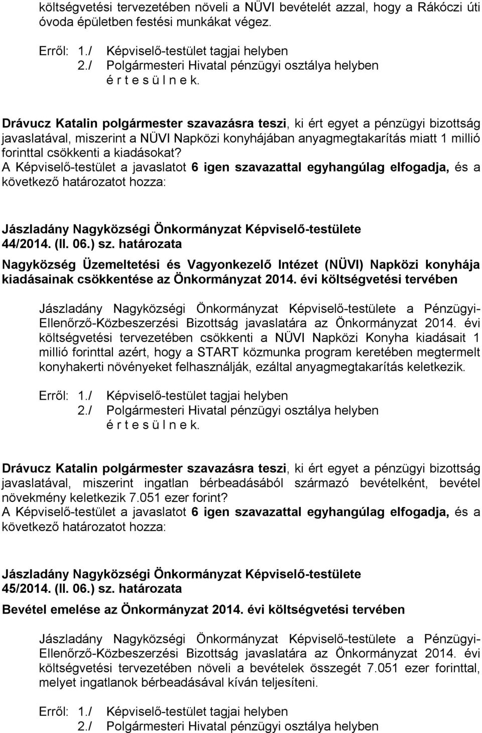 határozata Nagyközség Üzemeltetési és Vagyonkezelő Intézet (NÜVI) Napközi konyhája kiadásainak csökkentése az Önkormányzat 2014.