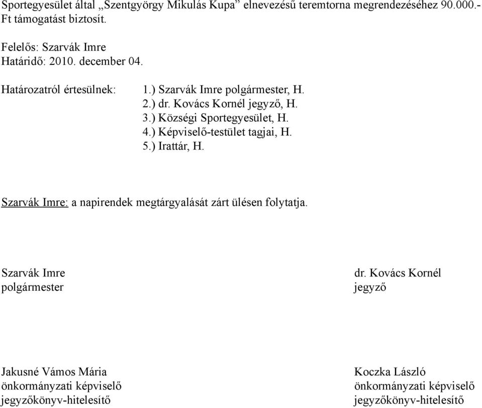 ) Községi Sportegyesület, H. 4.) Képviselő-testület tagjai, H. 5.) Irattár, H. Szarvák Imre: a napirendek megtárgyalását zárt ülésen folytatja.