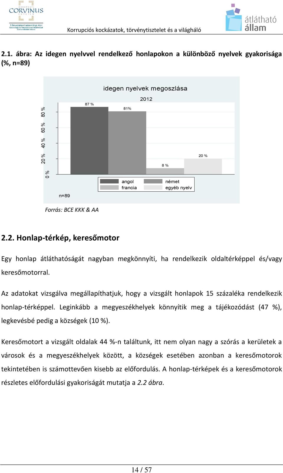 12 20 % 8 % n=89 angol francia német egyéb nyelv Forrás: BCE KKK & AA 2.2. Honlap-térkép, keresőmotor Egy honlap átláthatóságát nagyban megkönnyíti, ha rendelkezik oldaltérképpel és/vagy keresőmotorral.