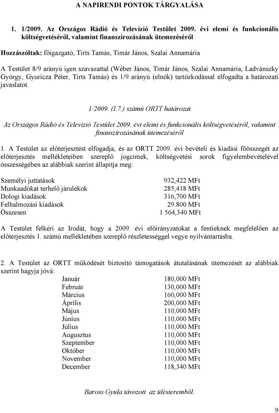 János, Timár János, Szalai Annamária, Ladvánszky György, Gyuricza Péter, Tirts Tamás) és 1/9 arányú (elnök) tartózkodással elfogadta a határozati javaslatot. 1/2009. (I.7.