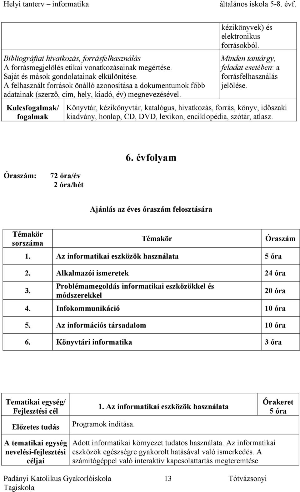 Minden tantárgy, feladat esetében: a forrásfelhasználás jelölése.