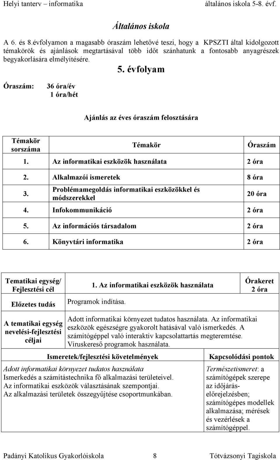 évfolyam Óraszám: 36 óra/év 1 óra/hét Ajánlás az éves óraszám felosztására Témakör sorszáma Témakör Óraszám 1. Az informatikai eszközök használata 2 óra 2. Alkalmazói ismeretek 8 óra 3.