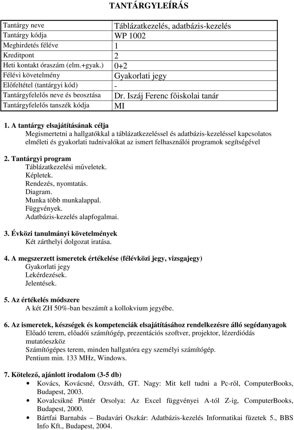 Táblázatkezelési műveletek. Képletek. Rendezés, nyomtatás. Diagram. Munka több munkalappal. Függvények. Adatbázis-kezelés alapfogalmai. Két zárthelyi dolgozat iratása. Gyakorlati jegy Lekérdezések.