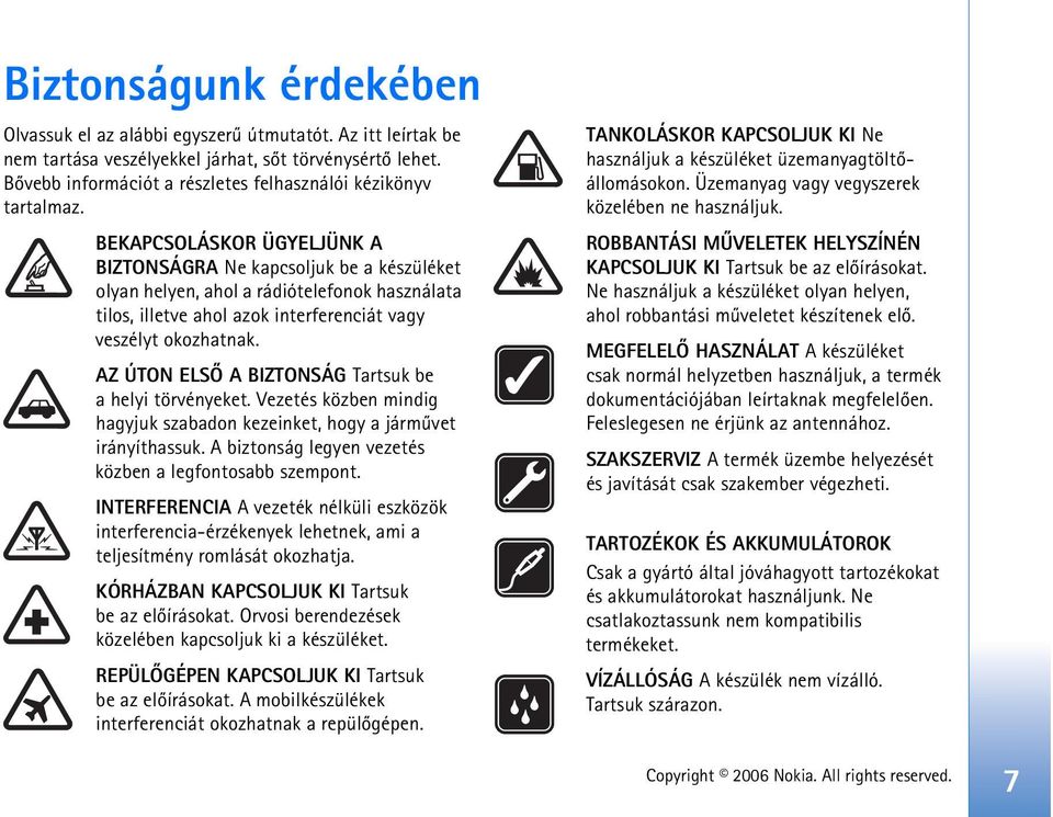 BEKAPCSOLÁSKOR ÜGYELJÜNK A BIZTONSÁGRA Ne kapcsoljuk be a készüléket olyan helyen, ahol a rádiótelefonok használata tilos, illetve ahol azok interferenciát vagy veszélyt okozhatnak.