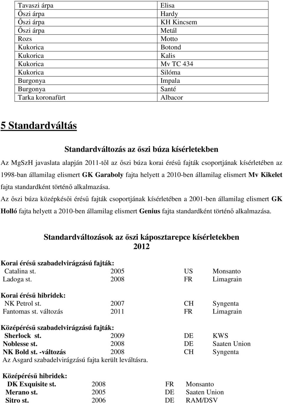 2010-ben államilag elismert Mv Kikelet fajta standardként történő alkalmazása.